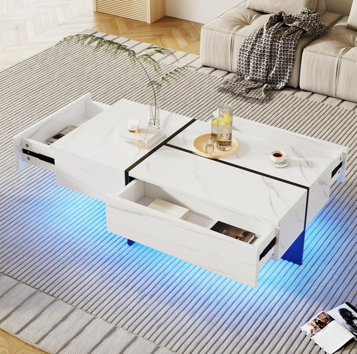 COUCHTISCH aus Spanplatte 100x50x34,5 cm in Weiß mit LED-Beleuchtung - Weiß, Holzwerkstoff (100/50/34.5cm) - Modfu