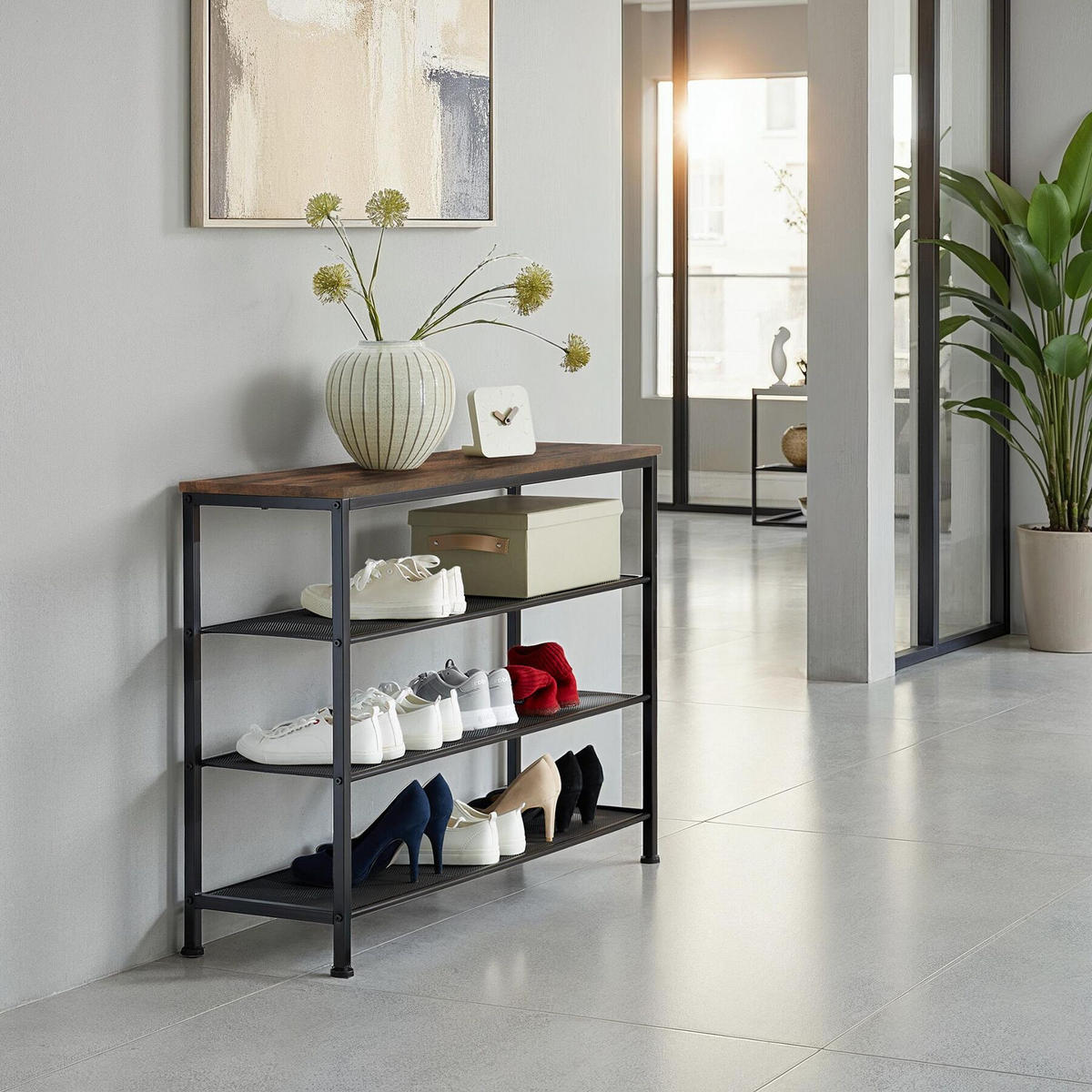 SCHUHREGAL Portsmouth,100 x 30,5 x 72,5 cm,Industrial Holz dunkel, rustikal - Rostfarben, Metall (30.5/72.5/100cm) - tectake