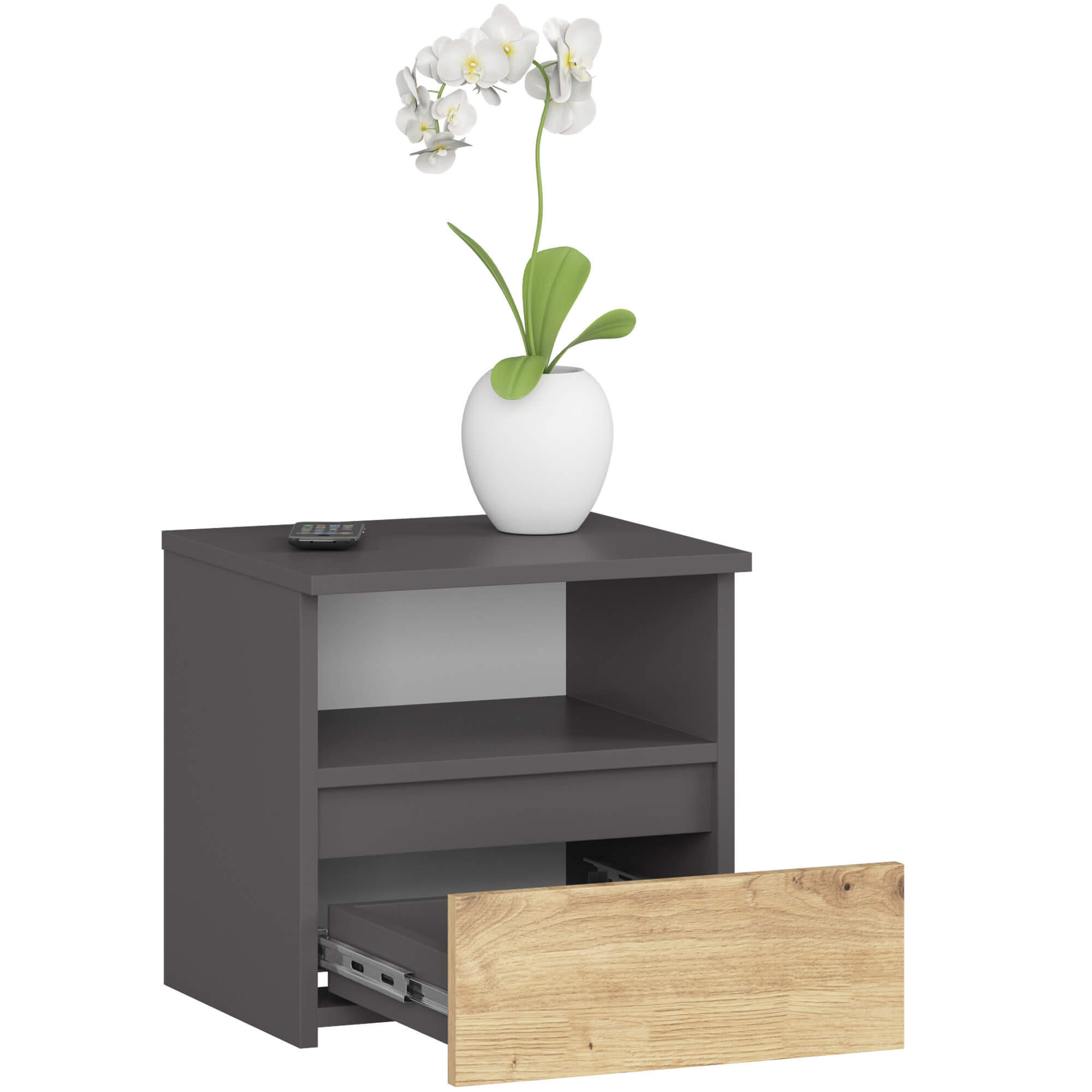 NACHTSCHRANK Grau, Eiche Artisan 40x35x40 cm - Weiß Hochglanz/Eiche Artisan, Holzwerkstoff (40/40/35cm) - Akord