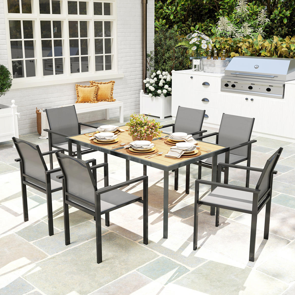 GARTENTISCH DE-14139 für 6 Personen, Holzoptik-Stahl Natur - Naturfarben, Metall (150/90/72cm) - ComfortXL
