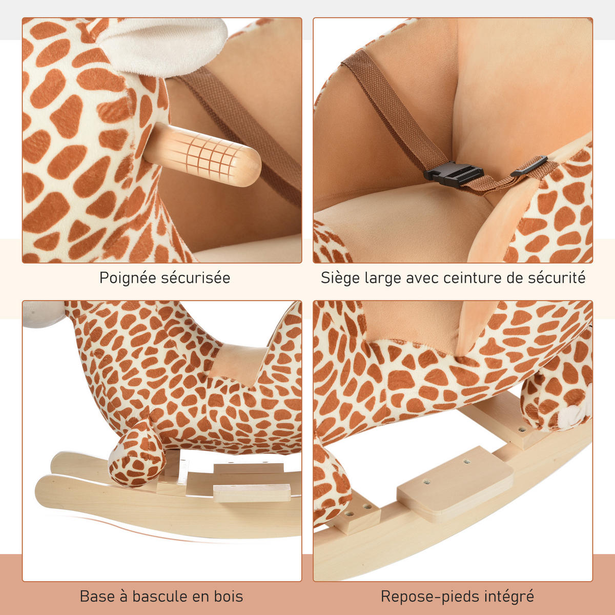 SCHAUKELPFERD DE-18226 Giraffe, Musikfunktion, Sicherheitsgurt Braun-Beige - Braun, Holz (33/45/60cm) - ComfortXL