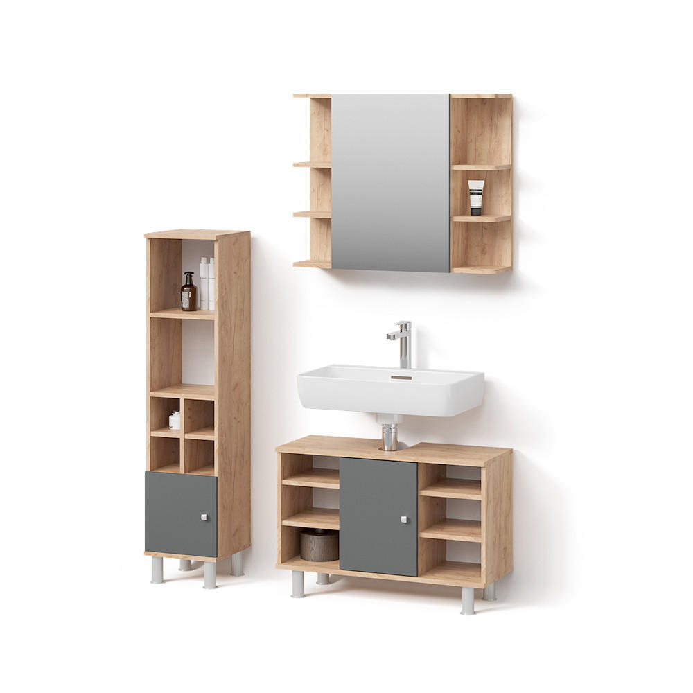 BADMÖBEL-SET Fucino Goldkraft Eiche 3 Teile, mit Midischrank Tür klein - Honigeiche/Anthrazit, Holzwerkstoff (80/130/32cm) - Livinity®