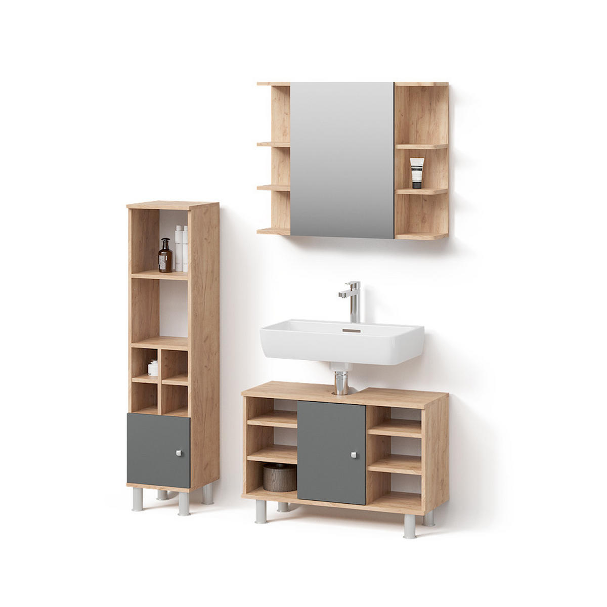 BADMÖBEL-SET Fucino Goldkraft Eiche 3 Teile, mit Midischrank Tür klein - Anthrazit/Eiche Wotan, Holzwerkstoff (80/130/32cm) - Livinity®