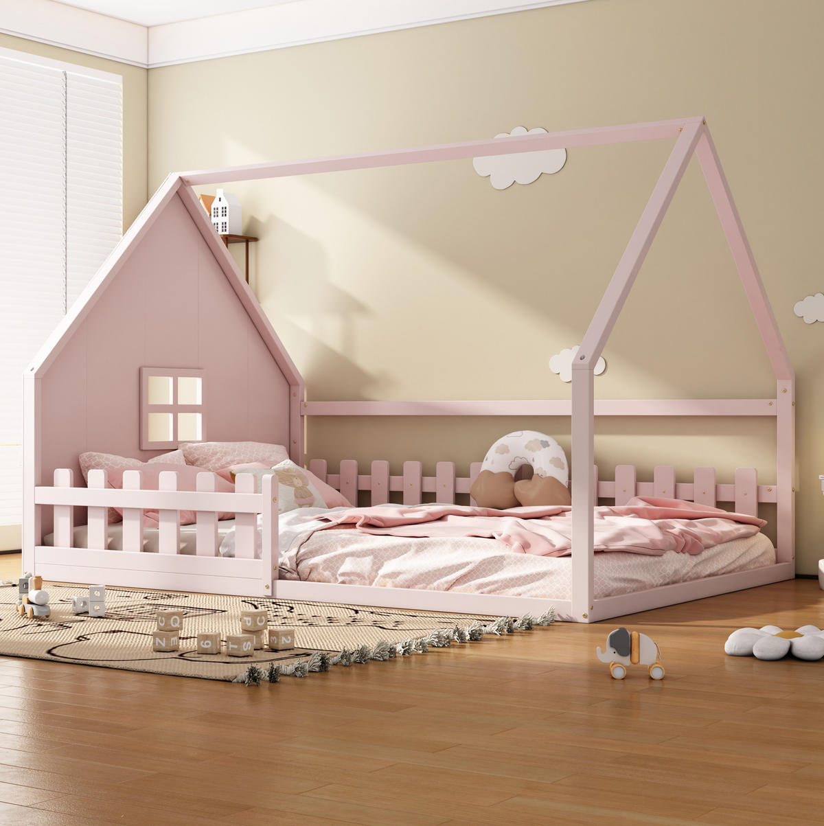 HAUSBETT aus Kiefer und MDF 140x200 cm Rosa mit Hausrahmen und Sicherheitsgeländer - Rosa, Holzwerkstoff (140/200cm) - Modfu