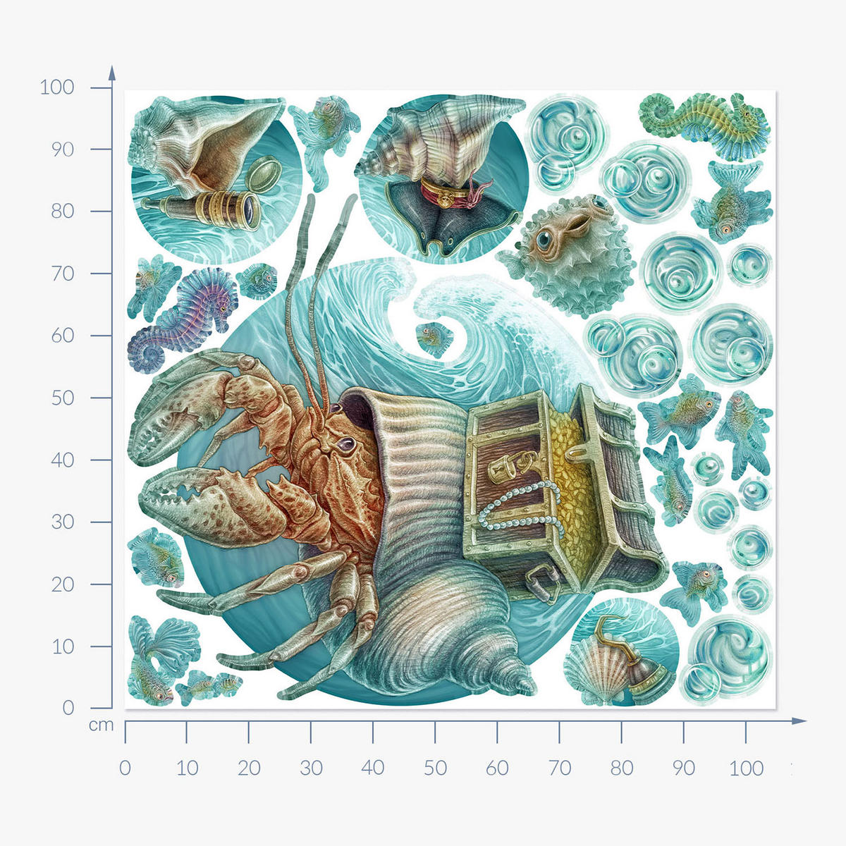 WANDAUFKLEBER 100x105cm - Krabbenwelt - Multicolor, Kunststoff (100/105/0.1cm) - Wallfluent