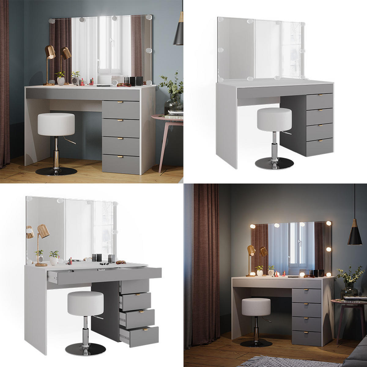 SCHMINKTISCH Elise Weiß/Grau/Grau 115 cm mit LED Beleuchtung und Hocker - Weiß/Grau, Holzwerkstoff (115/76/55cm) - Vicco