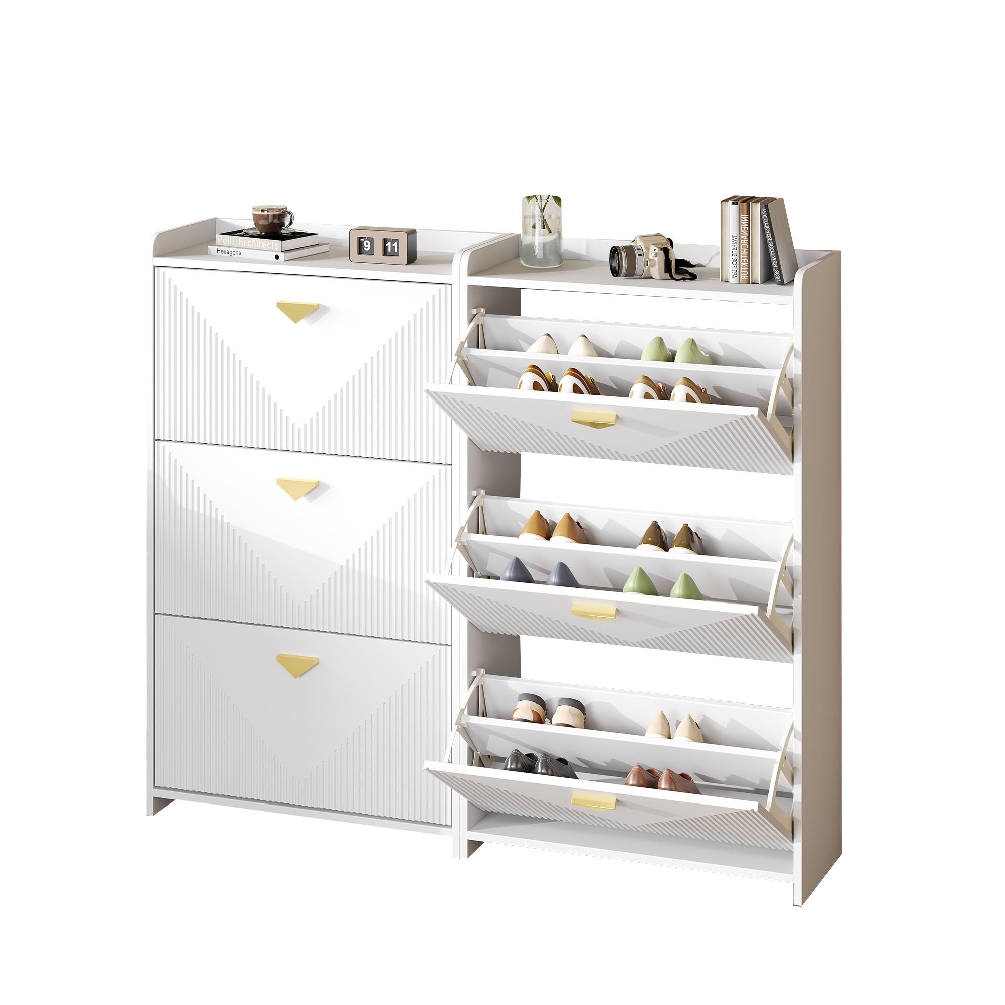 SCHUHSCHRANK aus MDF 140x30x120cm in Weiß mit 3 Klapptüren - Weiß, Holzwerkstoff (140/120/30cm) - Modfu