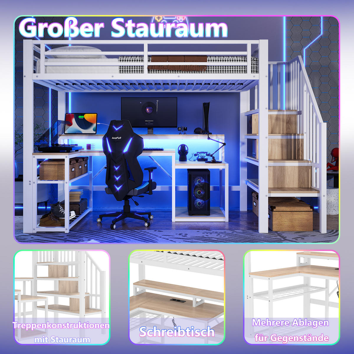 HOCHBETT 90x200cm Weiß Metall LED-Licht Schreibtisch USB - Weiß, Metall (90/200cm) - FLIEKS