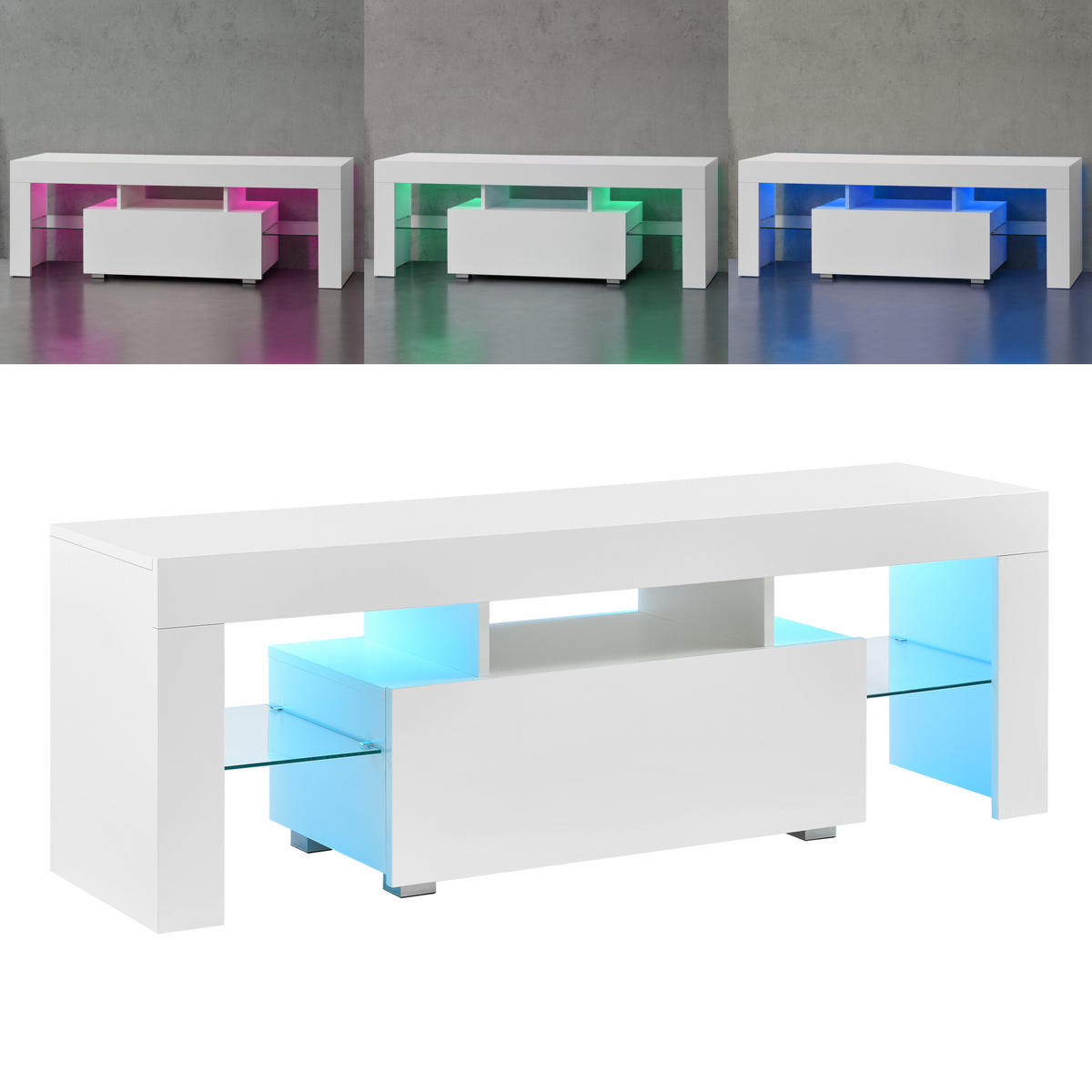 TV-ELEMENT Grimsey - Weiß Hochglanz, Glas/Holzwerkstoff (130/45/35cm) - [en.casa]