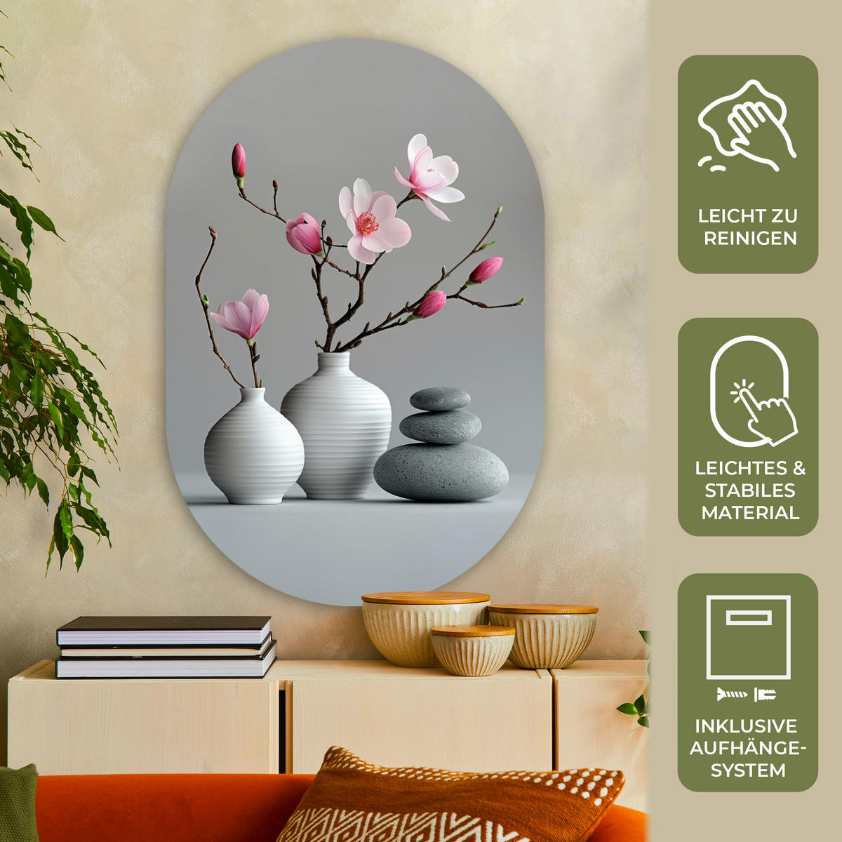 WANDBILD Magnolie - Blumen - Rosa - Zen-Steine 80x120 cm - Hellgrau, Kunststoff (80/120cm) - MuchoWow