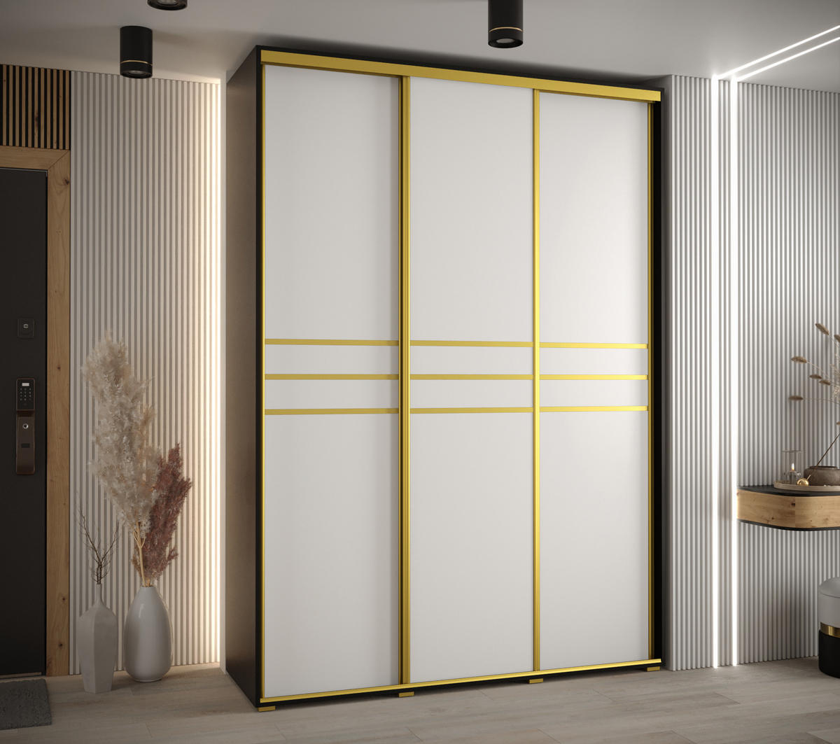 SCHWEBETÜRENSCHRANK 235,2/170/60 3-türig - Goldfarben/Schwarz, Holz/Metall (170/235/60cm) - Abiks Möbel