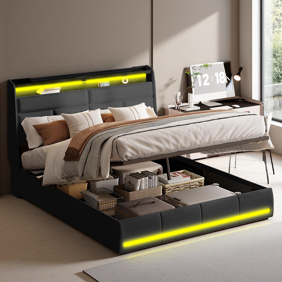 POLSTERBETT 160x200 cm Schwarz PU Leder LED Gaslift Bettkasten - Schwarz, Holz (160/200cm) - SHOPENTRA