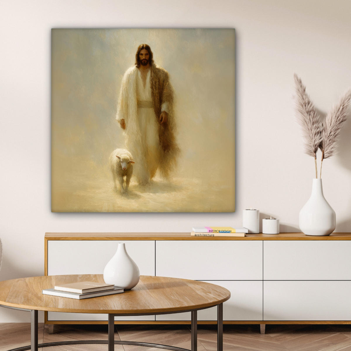 LEINWANDBILD Schaf - Jesus - Pinselstriche - Abstrakt Deko Groß 90x90 cm - Sandfarben, Textil (90/90cm) - MuchoWow