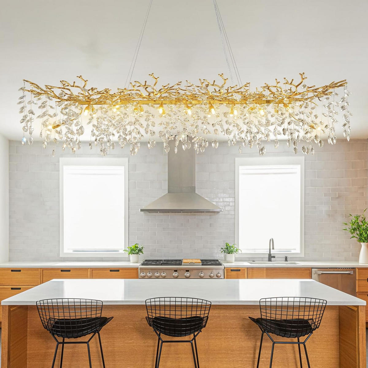 KRONLEUCHTER Rechteck 180 cm K9‑Kristall Baumzweig Gold für Esszimmer und Kücheninsel - Gelb, Naturmaterialien (130/38.5/32cm) - Surtime