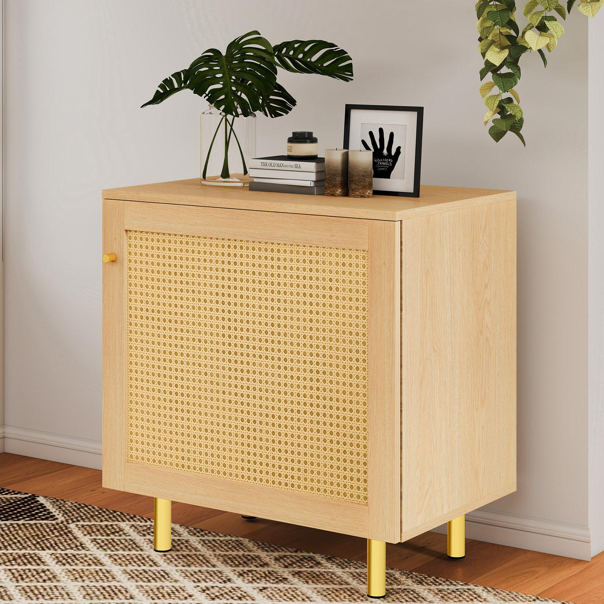 SIDEBOARD aus MDF 40x60x63 cm Natur mit Rattantür, Regalboden und goldfarbenen Metallbeinen - Naturfarben, Holzwerkstoff (60/63/40cm) - Modfu