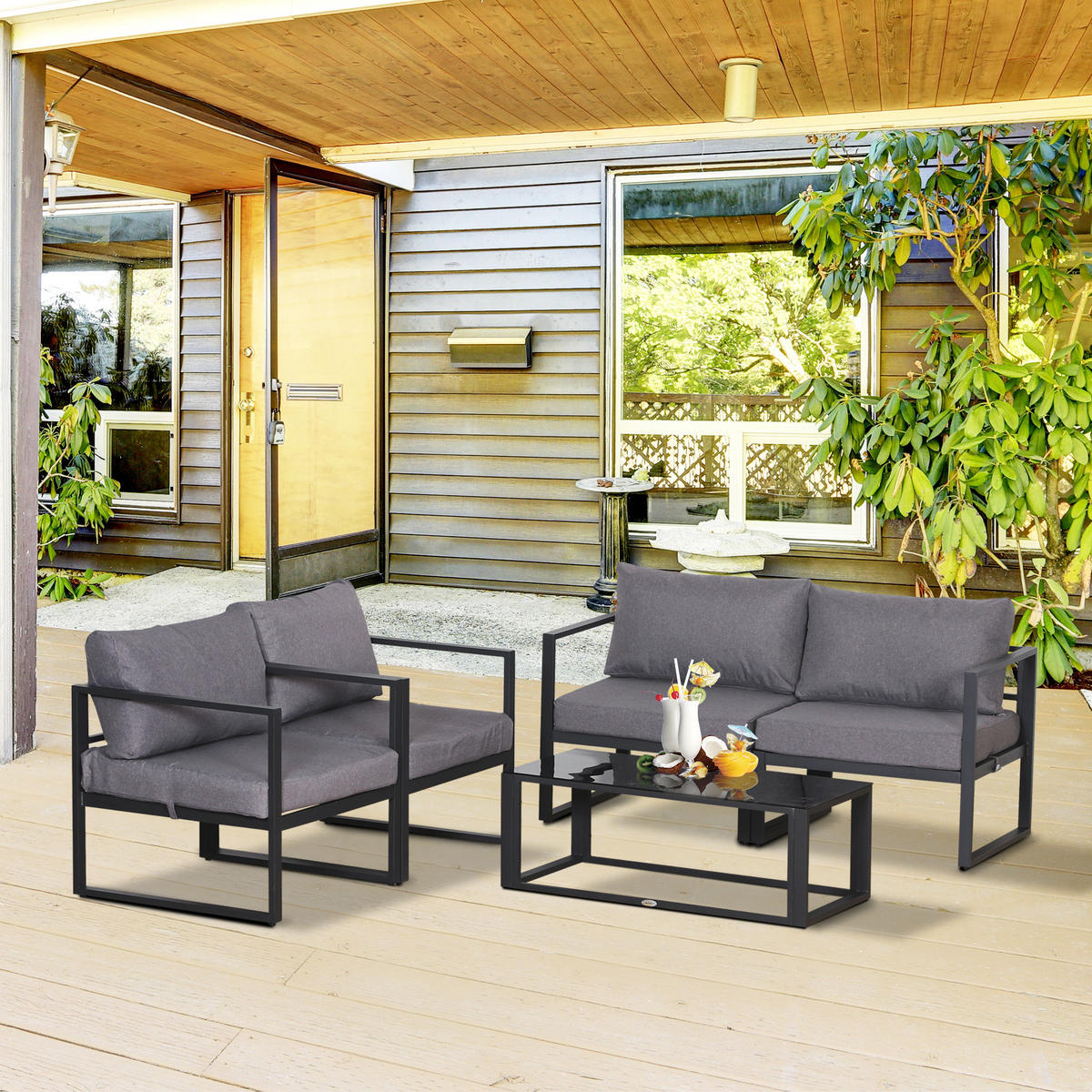 VIERTEILIGES GARTENMÖBEL SET DE-06516 Sofa mit Sitzkissen, Tisch mit Stauraum Grau - Grau, Textil/Metall - ComfortXL