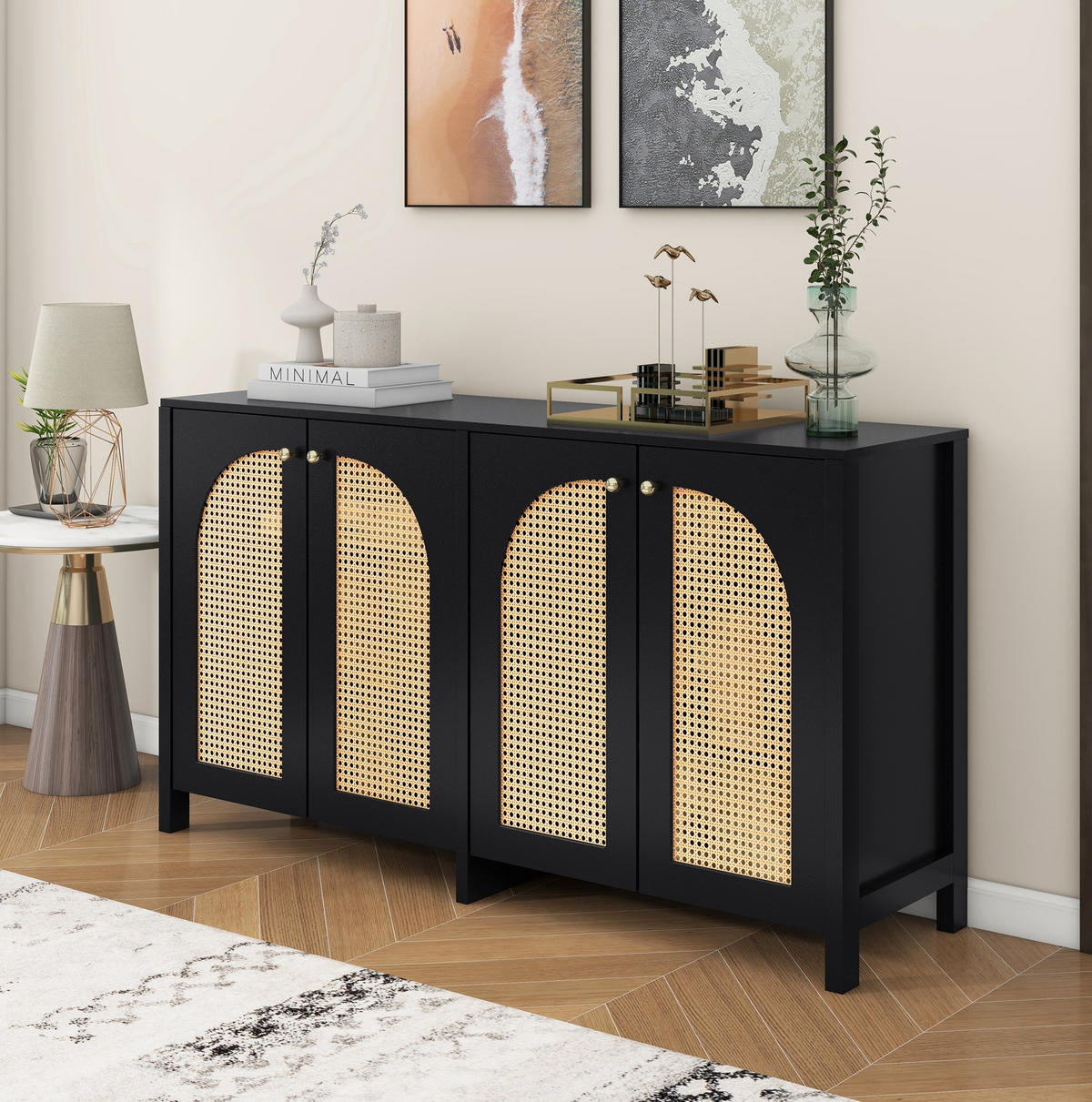 SIDEBOARD mit 4 Türen in Schwarz – mit Rattan-Optik & viel Stauraum - Schwarz, Holzwerkstoff (145/40/80cm) - BEAOK