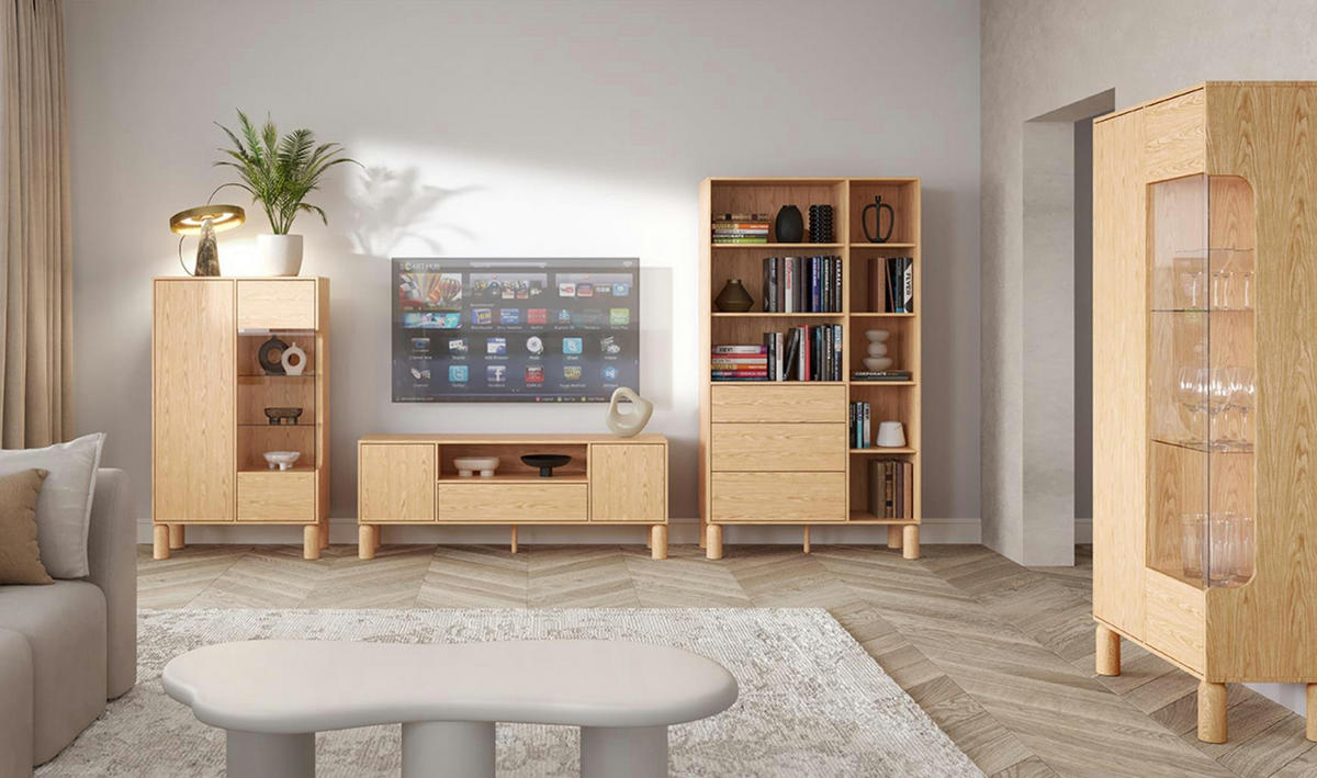 KOMMODE Sanden Eiche, dreitürige Sideboard - Eichefarben, Holzwerkstoff (140/92/41cm) - Bettso