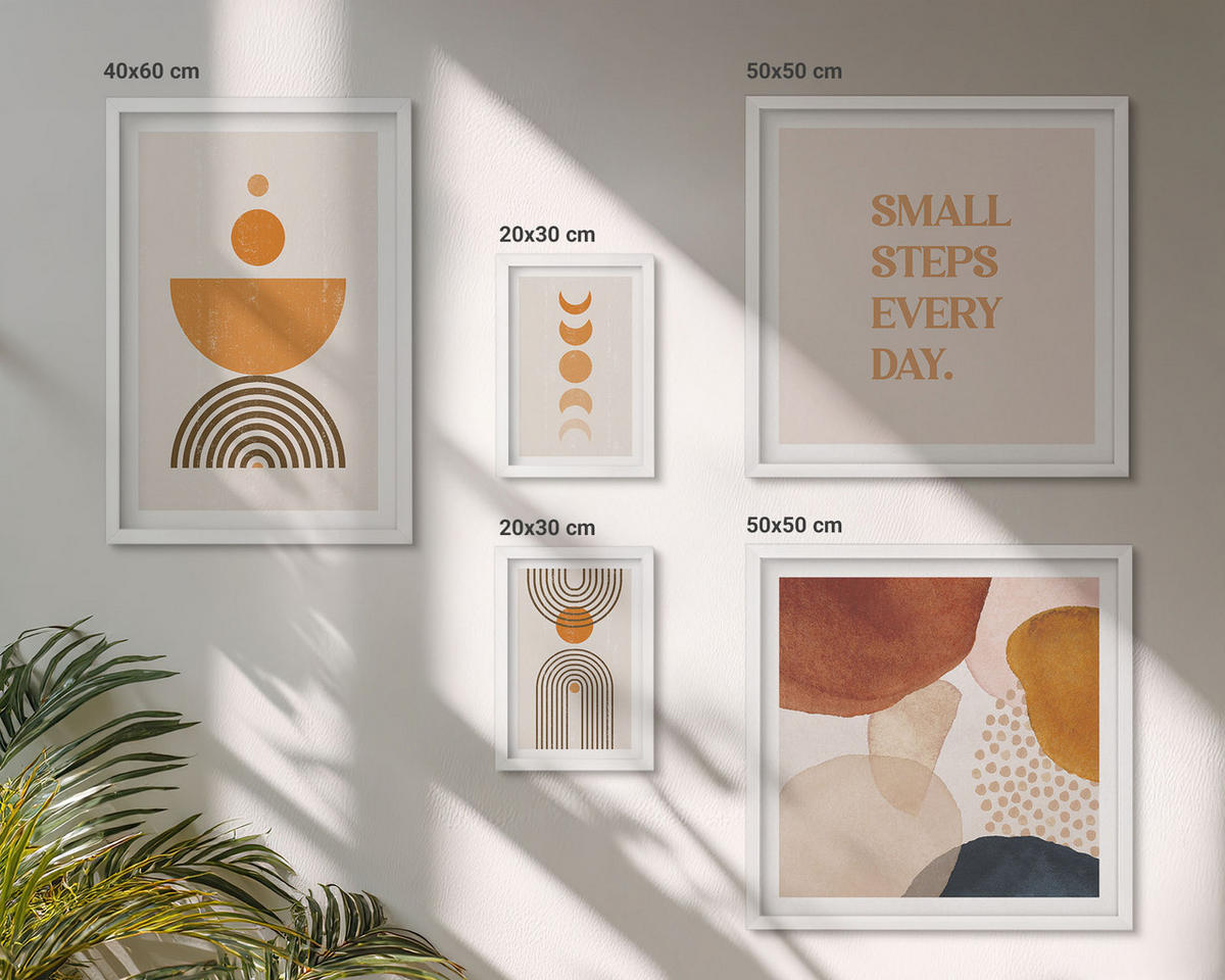 WANDBILDER 5er-Set - 50x50 cm & 20x30 cm & 40x60 cm Weißer Rahmen - Boho-minimalistische Dekorationen - Weiß, Kunststoff (40/60cm) - ArtPrintCave