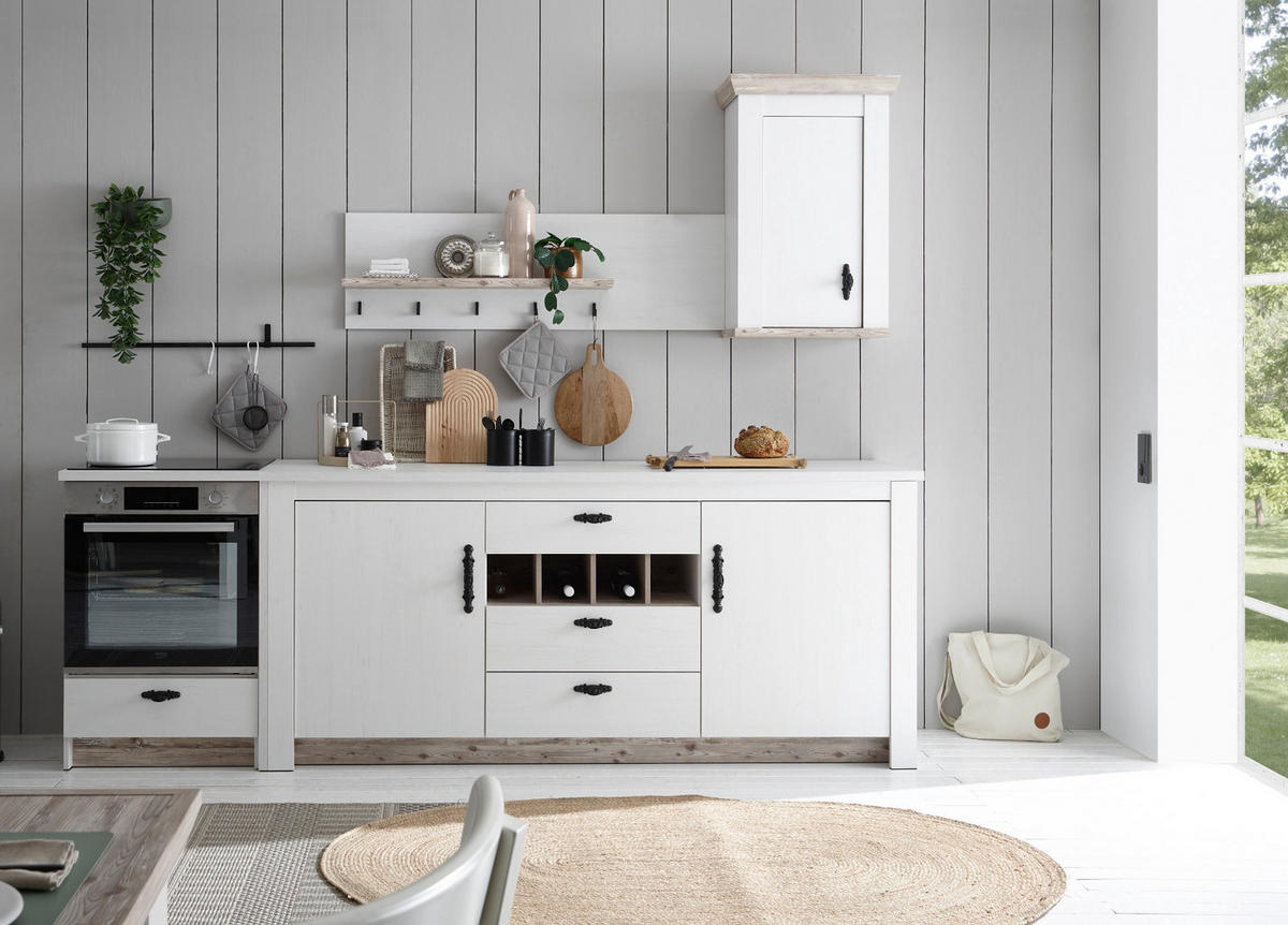 KÜCHENSCHRANK weiß Pinie Landhaus, Küche Unterschrank für Spüle oder Kochfeld 202 cm, Soft-Close - Schwarz/Weiß, Holzwerkstoff/Metall (202/92/60cm) - Furn.Design