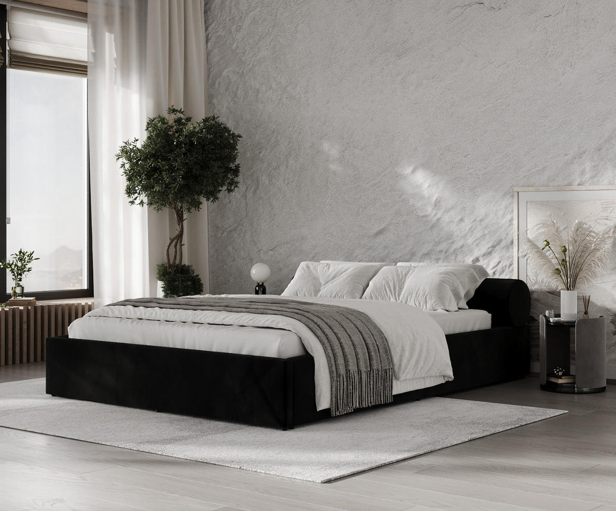 POLSTERBETT Solvo mit Stauraum 200/200 cm Schwarz im Kronos Stoff - Schwarz/Naturfarben, Holz/Holzwerkstoff (200/200cm) - AltaBeds