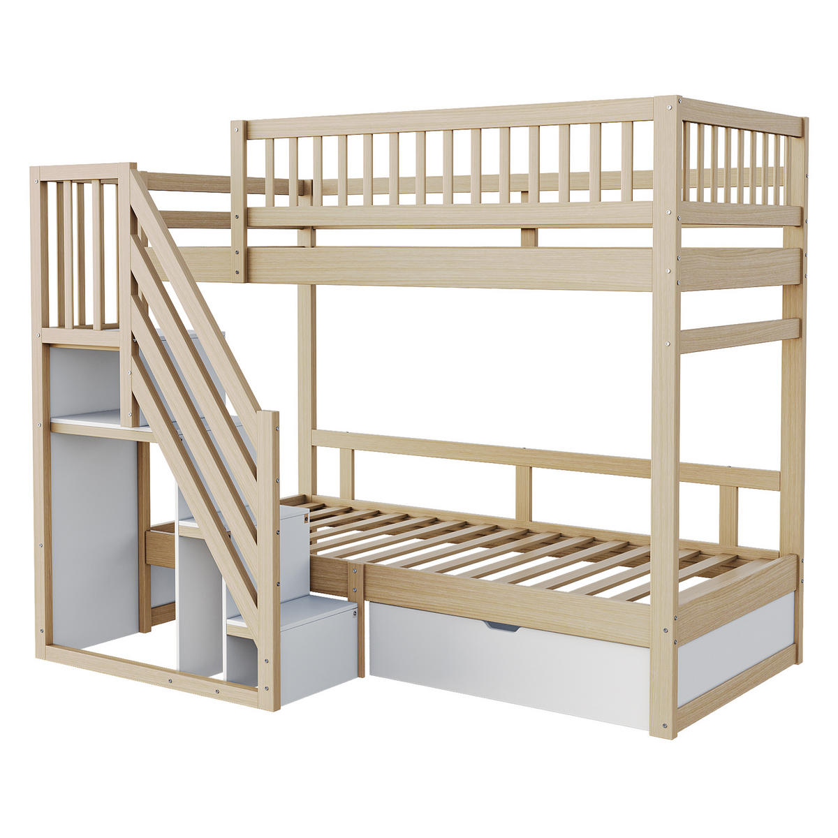 KINDERBETT aus Massivholz 90x200 cm mit Stauraumtreppe & Schublade - Naturfarben, Holz (90/200cm) - Modfu