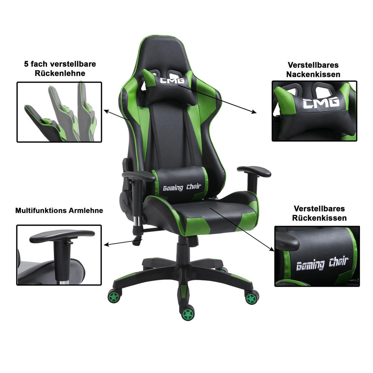 GAMINGSTUHL GAMING - Schwarz/Grün, Textil (69/125/70cm) - CARO-Möbel