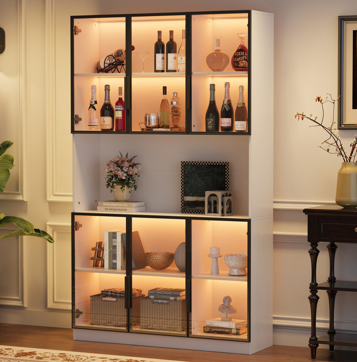 VITRINA od MDF-a i stakla 120x34x200 cm bijela sa 6 vrata, LED rasvjetom na upravljanje putem aplikacije i soft-close šarkama - bijela, drvni materijal (120/200/34cm) - Modfu