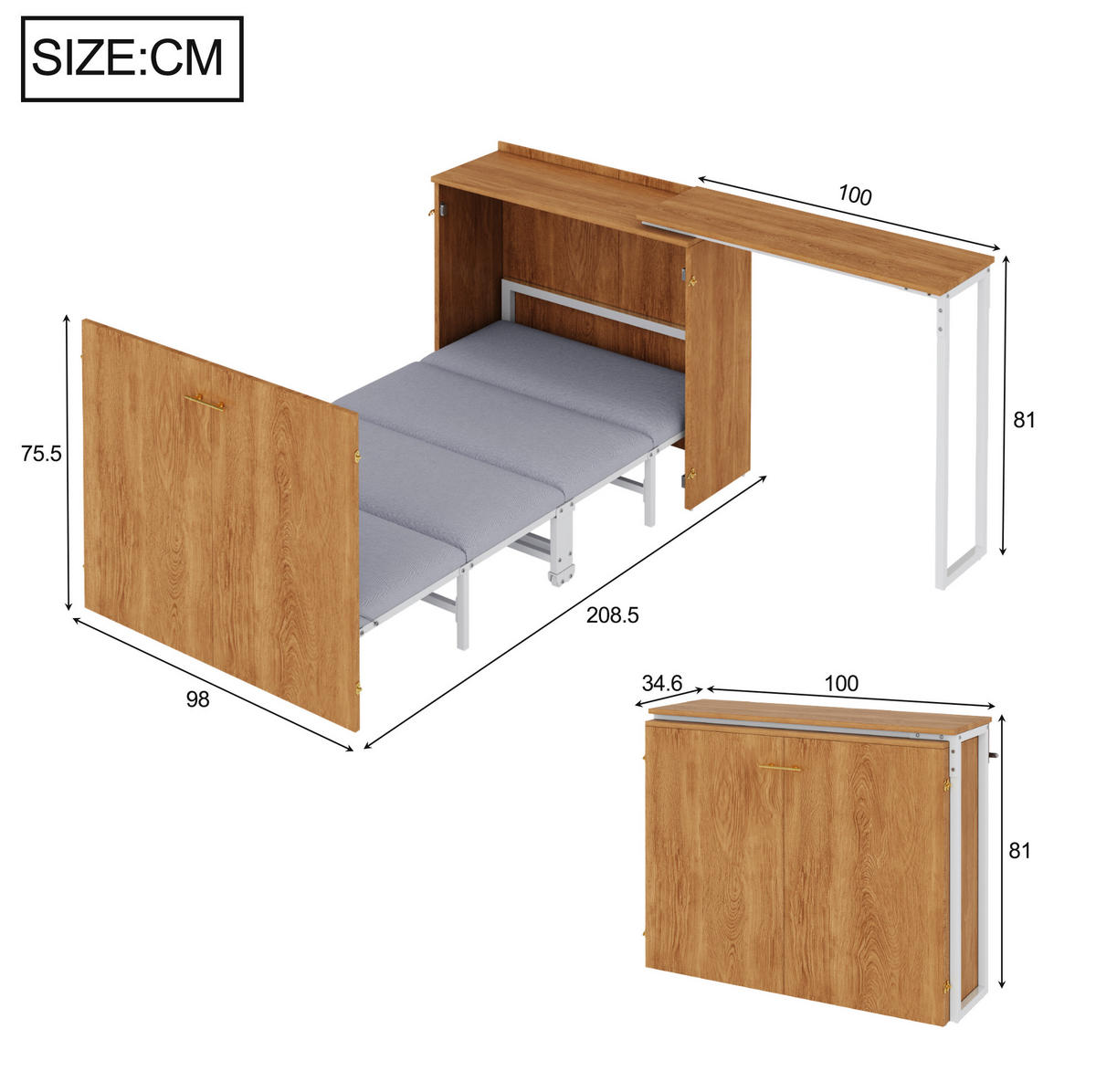 SCHRANKBETT Klappbett 90/200 cm aus Metall und Holz mit drehbarem Schreibtisch und Matratze Weiß/Naturfarben - Naturfarben, Metall (90/200cm) - Modenvie