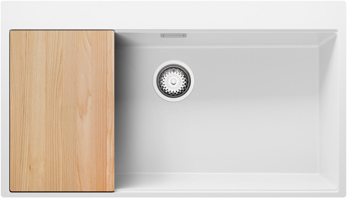 SPÜLBECKEN Oslo, 2-er set Weiß 88/50 cm 1 Becken + Ablauf-Set + Schneidebrett ab 90er Unterschrank - Chromfarben/Beige, Kunststoff (88/20/50cm) - Primagran
