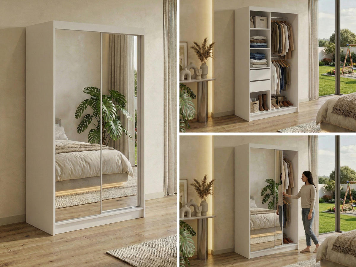 SCHWEBETÜRENSCHRANK mit Schubladen 120 - DUBROWNIK - Weiß mit Spiegel - Alufarben/Weiß, Holzwerkstoff/Metall (120/216/61cm) - MKS