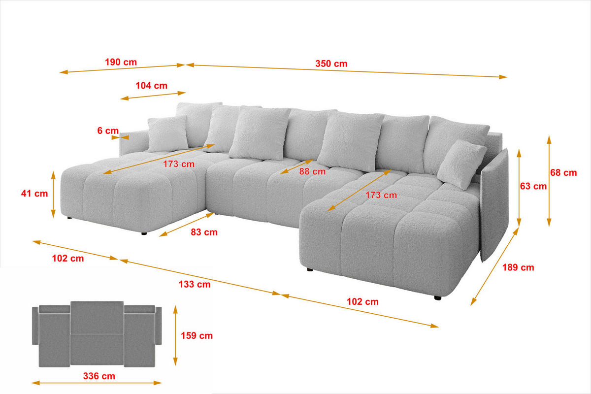 WOHNLANDSCHAFT LONLI-U 355x189x68 Hellgrau Bouclé - Hellgrau, Holzwerkstoff/Kunststoff (350/68/190cm) - ALTDECOR