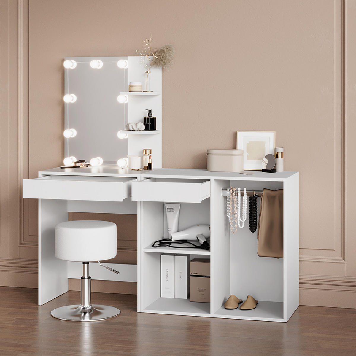 SCHMINKTISCH Nola Weiß 140 cm mit Hocker - Weiß, Holzwerkstoff (140/140/40cm) - Livinity®