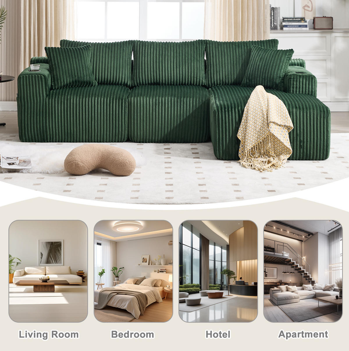 ECKSOFA 257/90-160/62 cm Smaragd aus Cord mit Chaiselongue - Smaragdgrün, Textil (160/257cm) - OKMYHOME