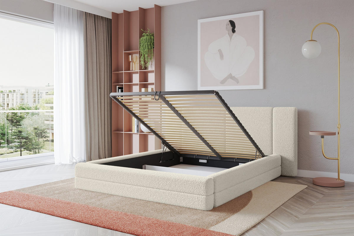POLSTERBETT mit Bettkasten und Lattenrost, Bett mit Matratze H3/H4 - TEVO 180x200 Beige - Champagner, Holzwerkstoff/Textil (180/200cm) - ALTDECOR