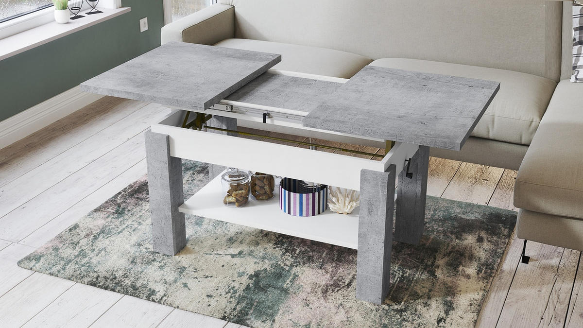 COUCHTISCH rechteckig Beton - Weiß ausziehbar höhenverstellbar - Hellgrau/Weiß, Holzwerkstoff (68/110/59cm) - designimpex