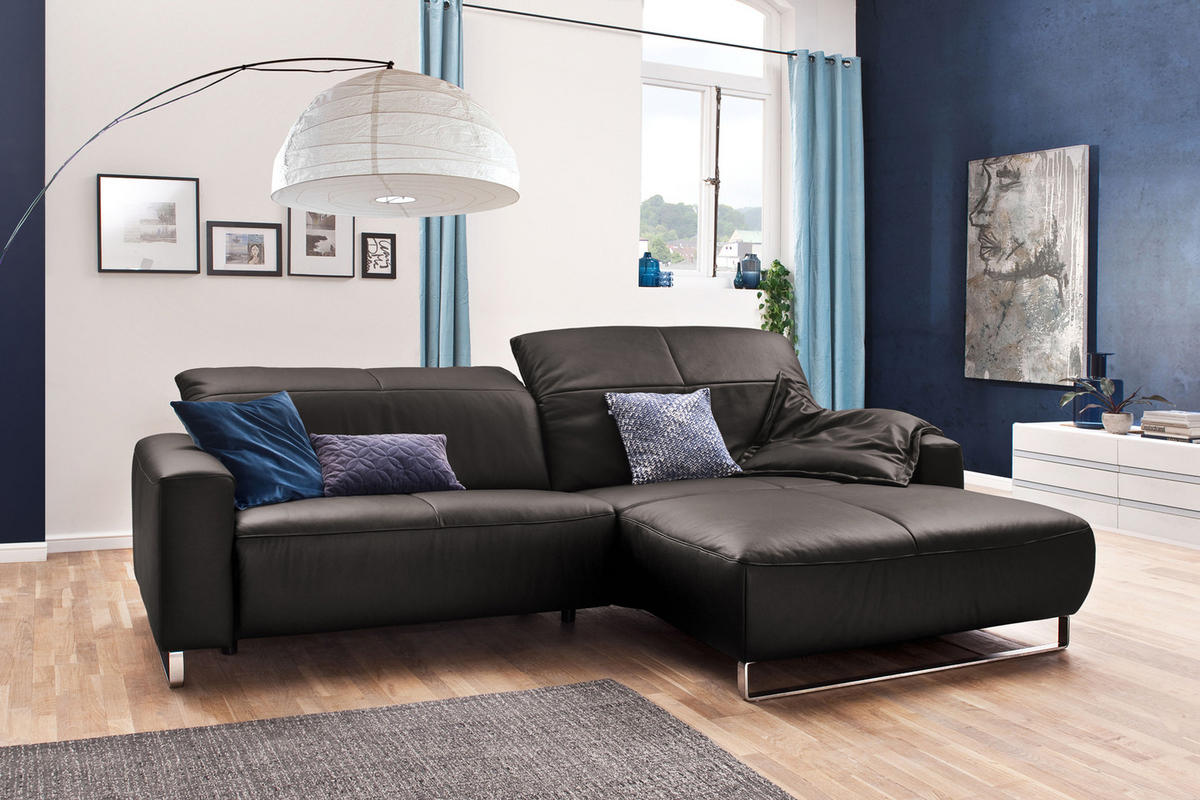 ECKSOFA MIT SITZTIEFENVERSTELLUNG YORK Grau Leder - Silberfarben/Grau, Leder (284/180cm) - KAWOLA
