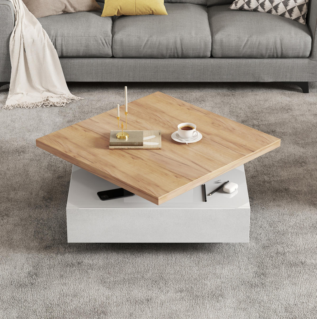 COUCHTISCH drehbar 70x70 cm Weiß Walnuss mit Schublade - Weiß, Holzwerkstoff (70/70/36cm) - Meubliv