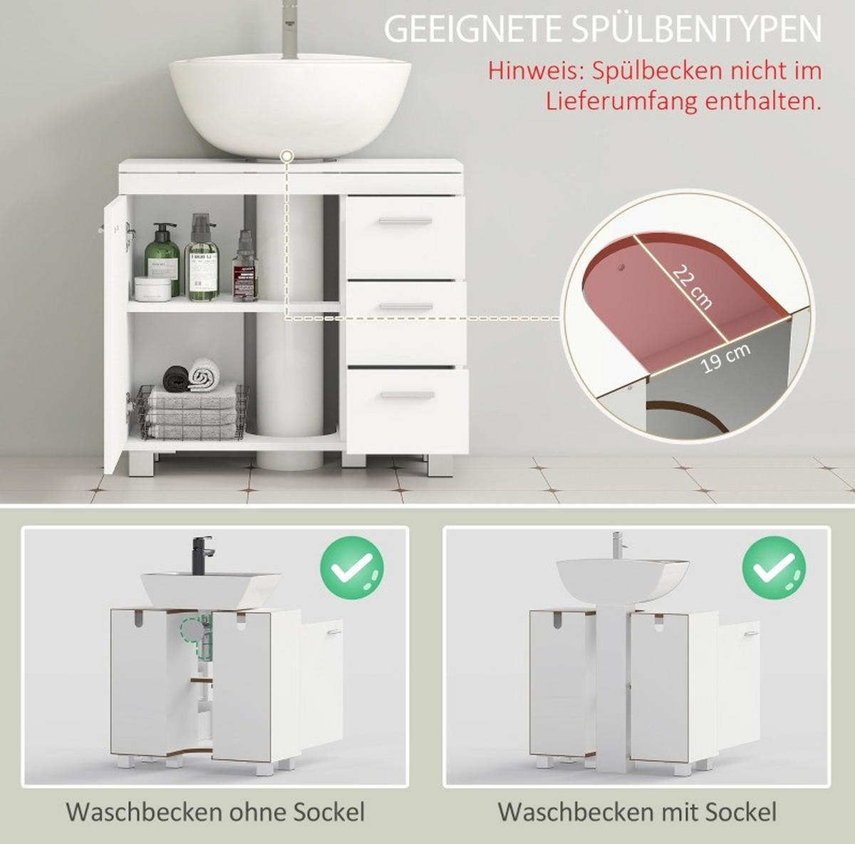 WASCHBECKENUNTERSCHRANK mit 2 Regalen und 3 Schubladen 70 cm Weiß - Weiß, Holzwerkstoff (30/64/70cm) - Beauniv