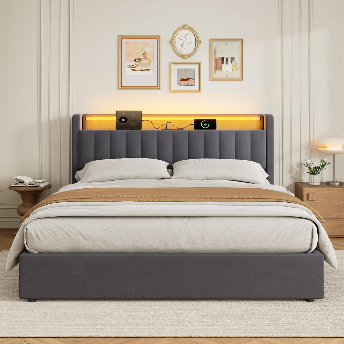 POLSTERBETT 180/200cm dunkelgrau aus Samt, Metall und Holz mit LED-Licht, USB-Anschluss und Stauraum - Grau, Holzwerkstoff (180/200cm) - OKWISH