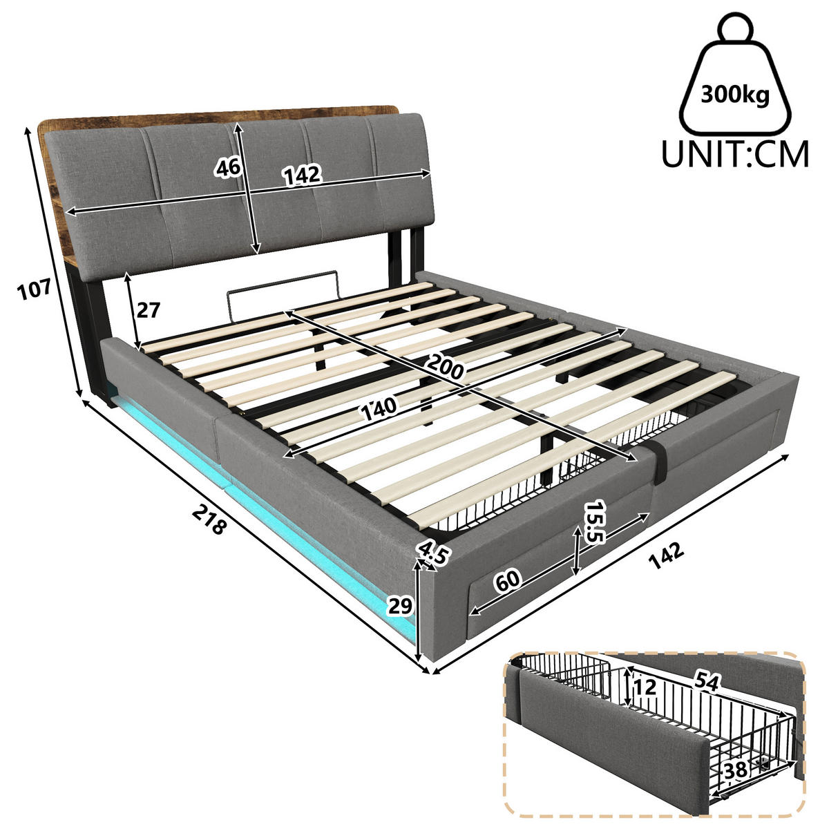 POLSTERBETT 140/200 cm Grau mit USB-Typ-C-Ladeanschluss, LED-Beleuchtung und 2 Schubladen - Grau, Textil (140/200cm) - Oxeza