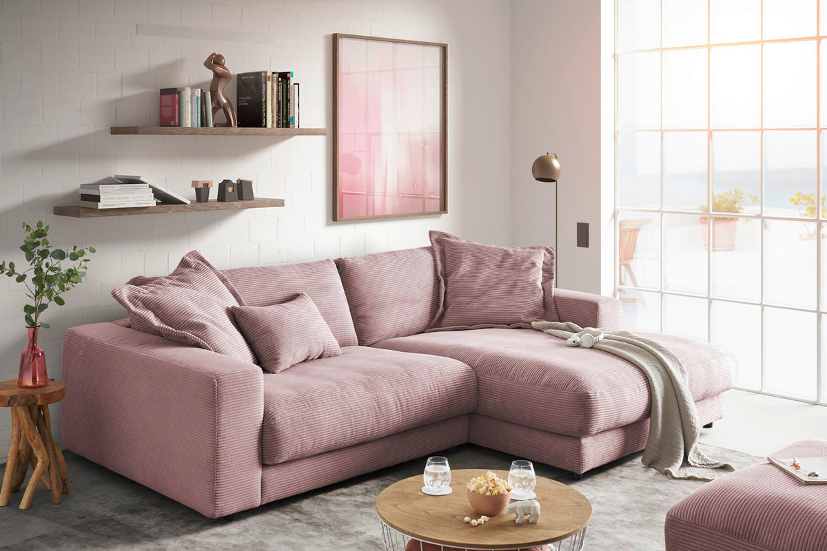 ECKSOFA MADELINE Pink Cord - Pink/Schwarz, Kunststoff/Textil (270/190cm) - KAWOLA