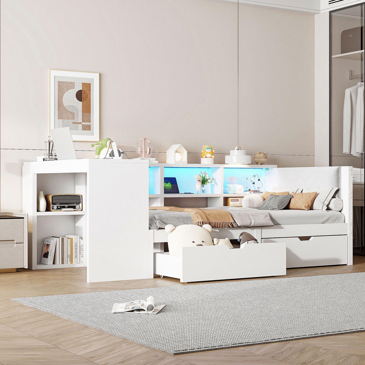 MULTIFUNKTIONSBETT 90/200 cm Weiß mit LED-Beleuchtung Ladestation Stauraum und gepolstertem Kopfteil - Weiß, Holzwerkstoff (90/200cm) - OKWISH