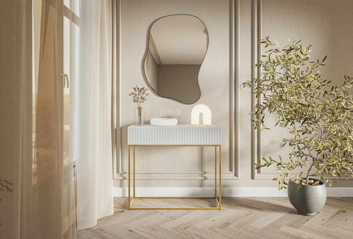 KONSOLENTISCH Veldio Weiß mit goldenen Beinen 90 cm - Goldfarben/Weiß, Holzwerkstoff/Metall (35.6/90/79cm) - Selsey