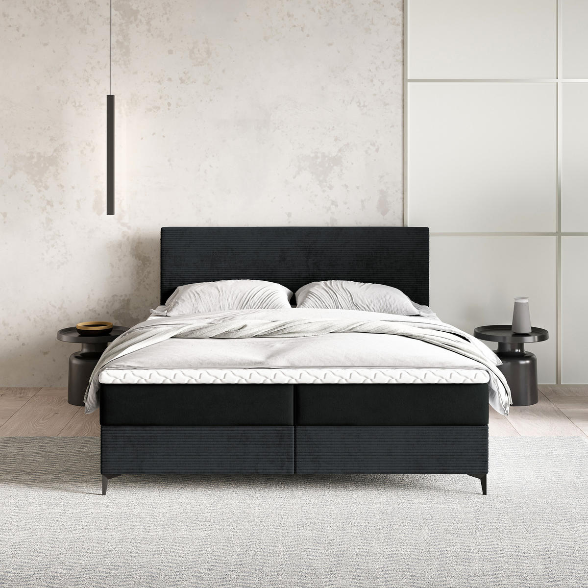 BOXBETT TORREL 140x200 cm mit Matratze und Topper - Schwarz - Schwarz, Holz (140/200cm) - MASSENO