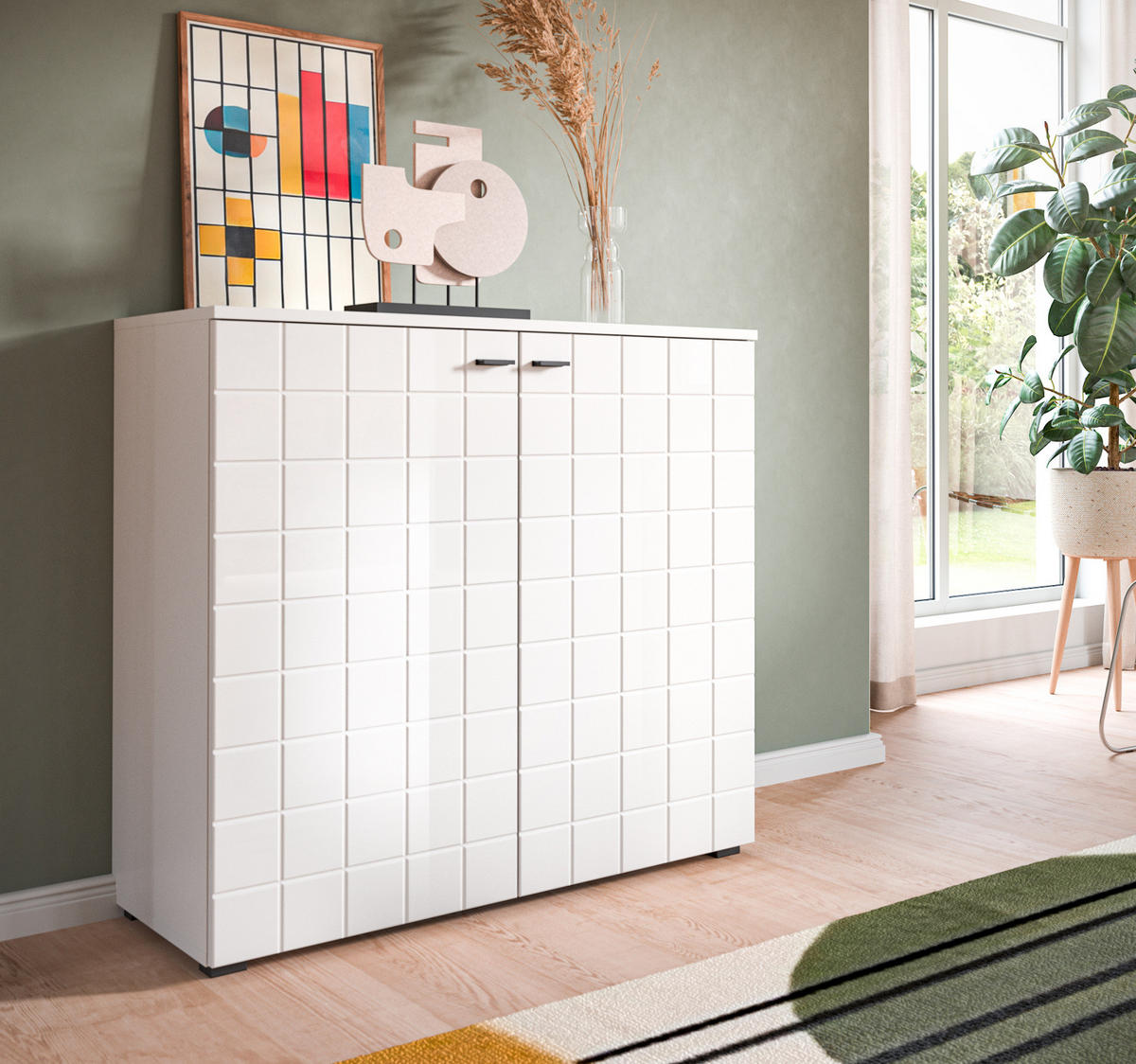 KOMMODE weiß Hochglanz 92 cm, Sideboard mit 6 Fächern - Weiß Hochglanz/Schwarz, Holzwerkstoff/Kunststoff (92/86/37cm) - Inn.Furn