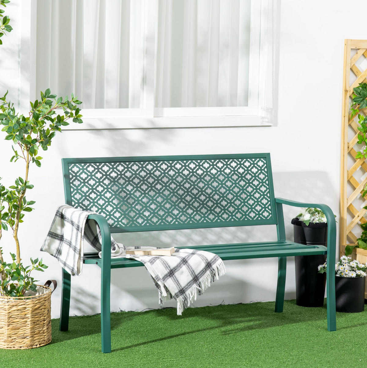 ZÁHRADNÁ lavica 127/63/83 cm tmavozelená z ocele s operadlom a podrúčkami pre 2 osoby - tmavozelená, kov (63/83/127cm) - OKWISH
