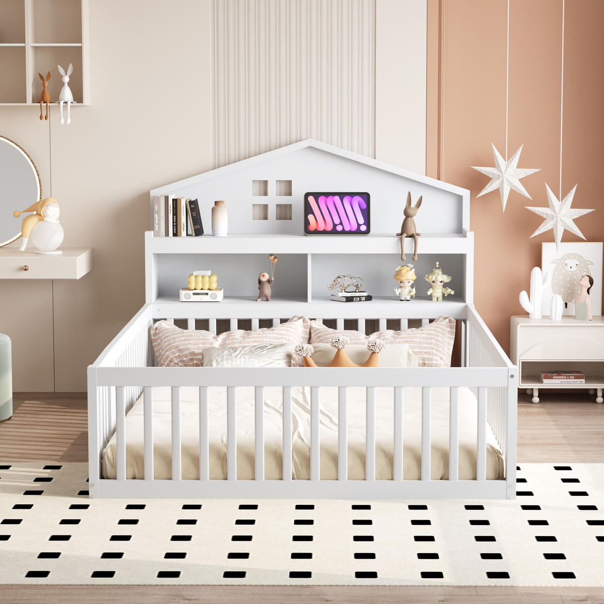 BODENBETT 140/200 cm weiß aus Massivholz mit Kreidetafel und Stauraum - Weiß, Holz (140/200cm) - OKWISH