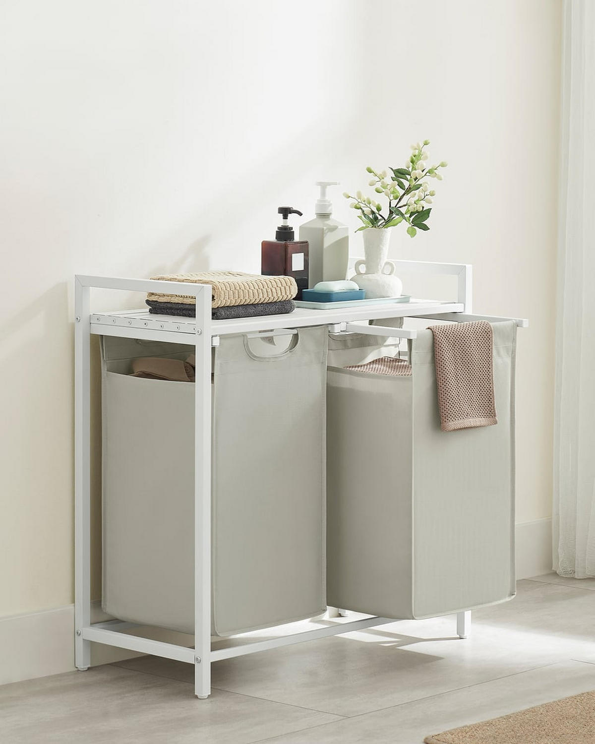 WÄSCHEKORB mit 2 herausziehbaren Fächern, hellgrau - L71 cm - Grau, Metall (33/73/71cm) - Calicosy