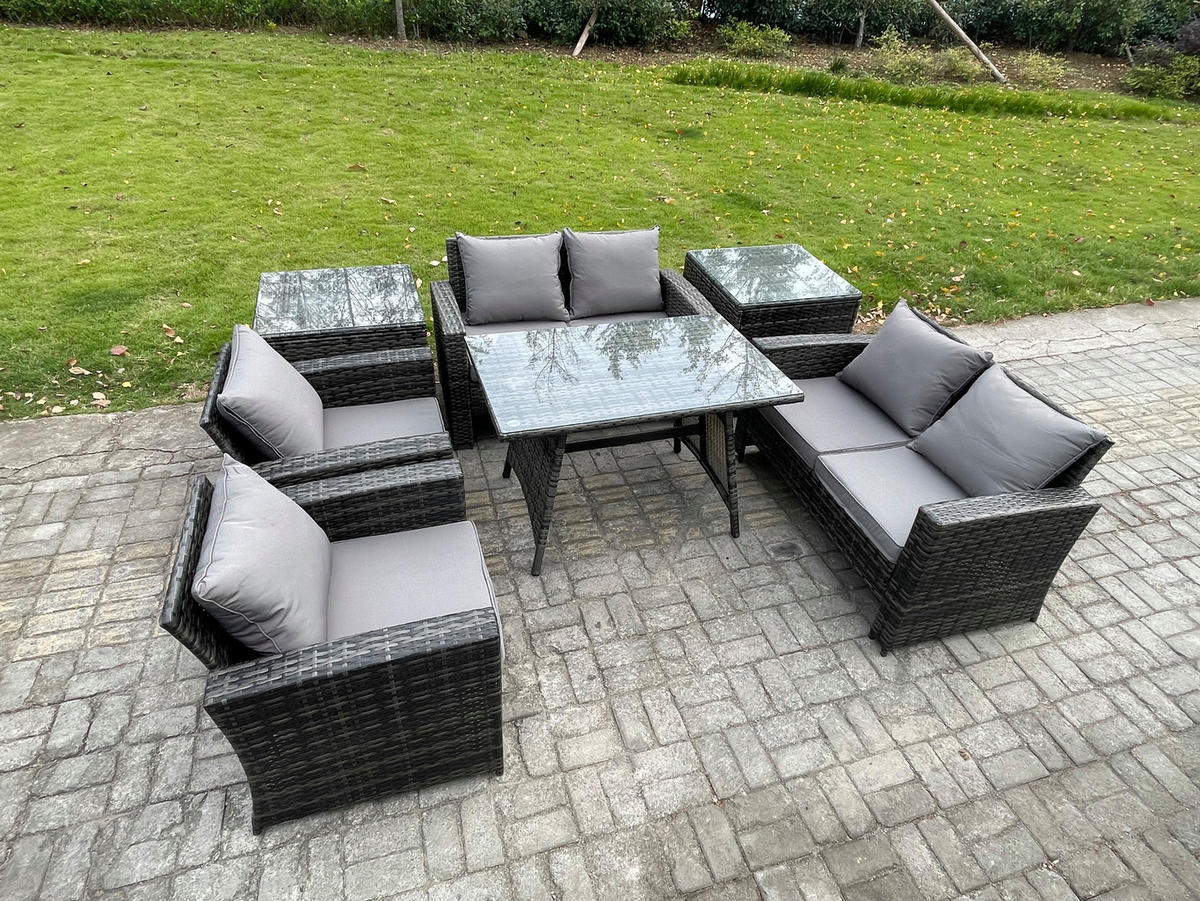 GARTENMÖBELSET mit ESSTISCH,HOCHLEHNER-SOFA Polyrattan Dunkelgrauer Mix 6-Sitzer - Dunkelgrau/Grau, Glas/Kunststoff - Fimous